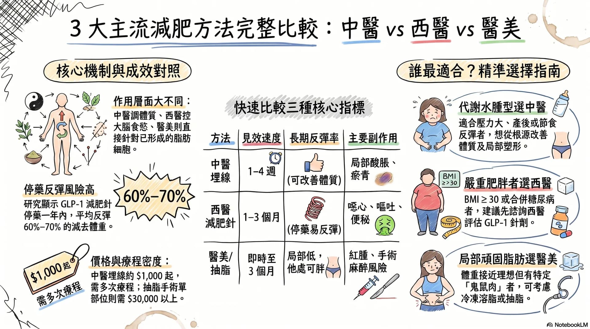 中醫埋線 vs 西醫減肥針 vs 醫美減脂 vs 抽脂手術 — 4 種主流減肥方法的完整比較